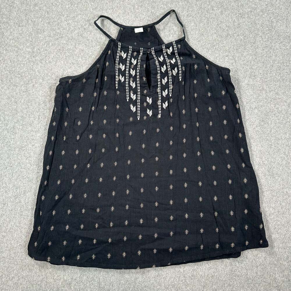 Old Navy Gauzy Embroidered Tank Top Women's Small Black Keyhole Sleeveless Boho